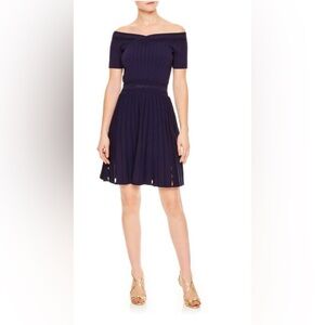 Sandro Navy Off-Shoulder Pleated Mini Dress
